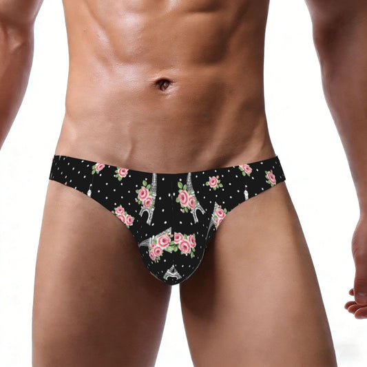 Men's Bikini Briefs Black Eiffel Tower Paris Wedding Roses Flowers Low Rise With Contour Pouch Soft Stretchy Seamless Underwear Breathable Lightweight For Daily Wear