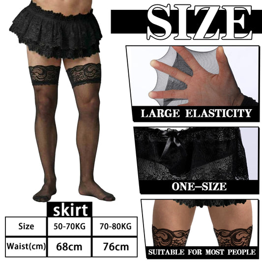 Jamntower 3 Pcs Sissy Accessories Men's Lace Skirt Thongs Panties Stockings Black Low Rise Lace Mesh Ruffled Lingerie Men's Sissy Outfit Femboys Underwear