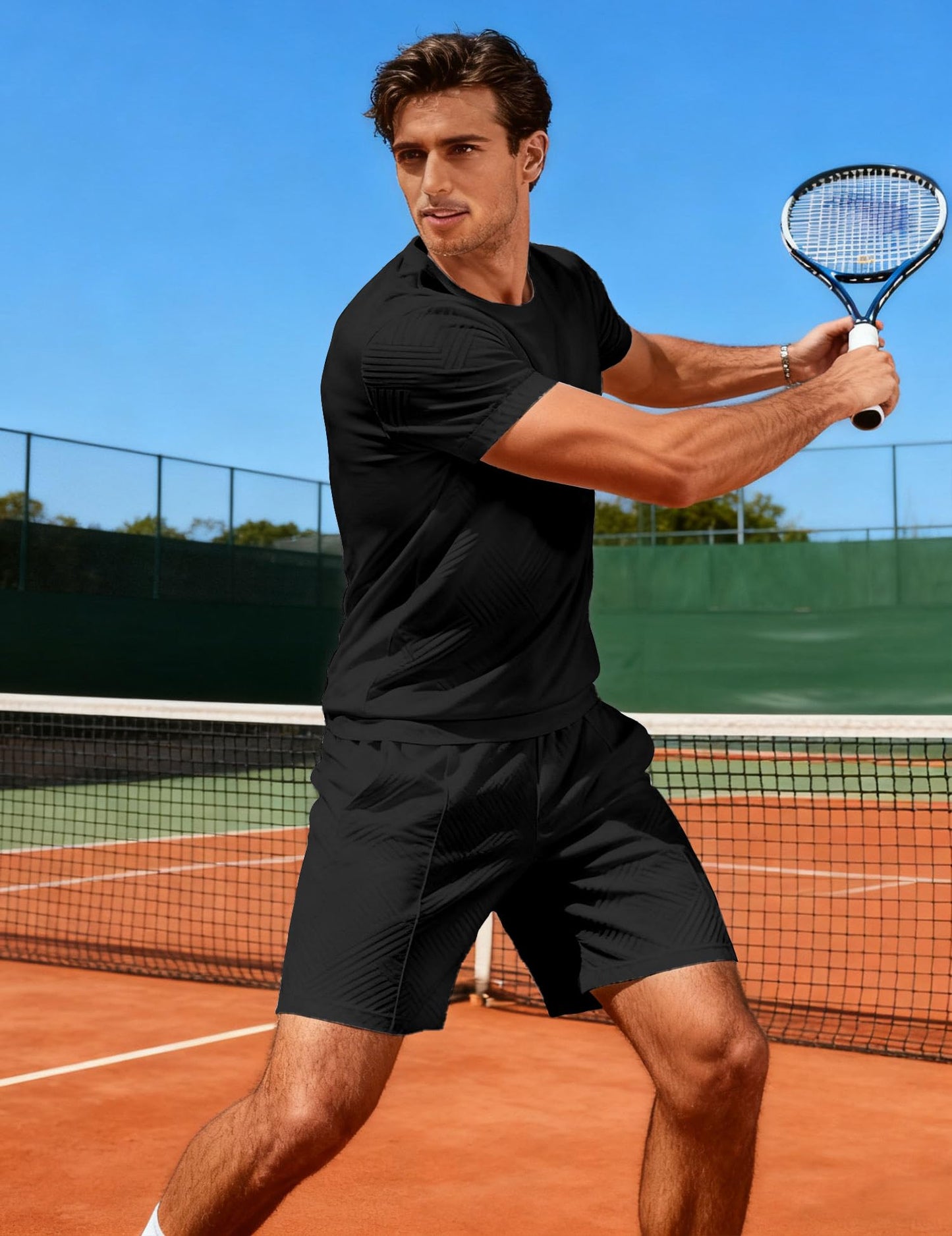 FcuteL Mens Track Suits 2 Piece Set T Shirts Shorts Sets Fashion Retro Textured Sweatsuit Vacation Cruise Outfits Black L