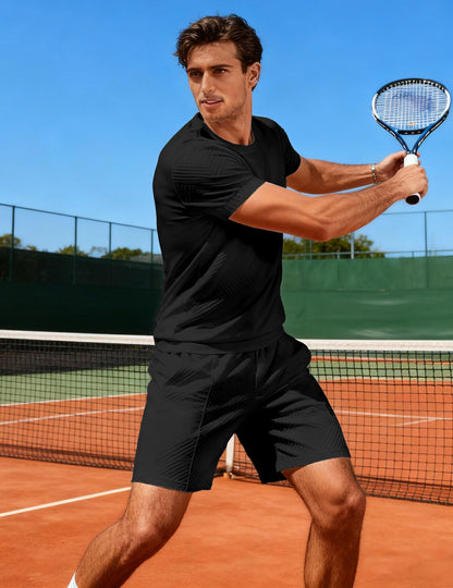 FcuteL Mens Track Suits 2 Piece Set T Shirts Shorts Sets Fashion Retro Textured Sweatsuit Vacation Cruise Outfits Black L