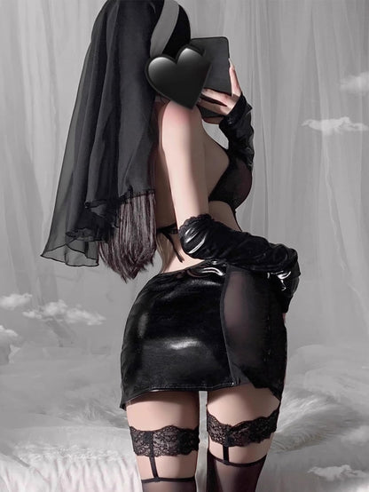 Sexy Nun Costume for Women - Gothic Anime Lingerie Cosplay Outfit with High Slit Headpiece, Halloween Maid Dress for Roleplay (Black, One Size)