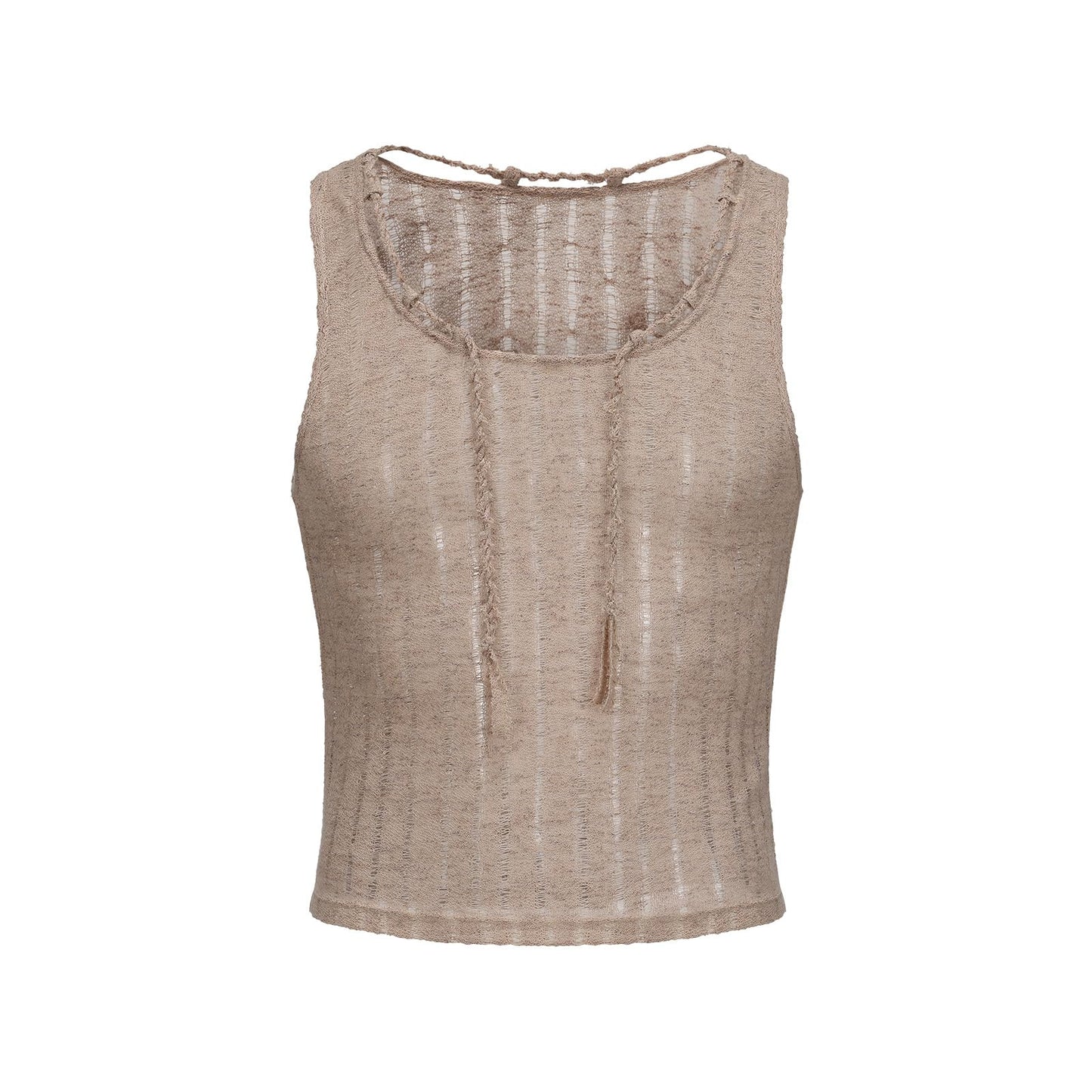 BSZN Men's Sexy Tank Top, Khaki Distressed Mesh Sailor Style Hand Braided Neckline Slim Fit Low Cut Sheer Wasteland Shirt from L-Siren's Elegy Collection