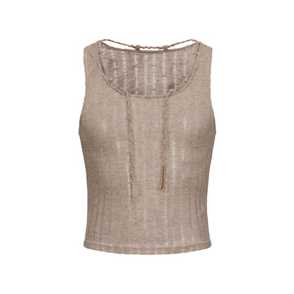 BSZN Men's Sexy Tank Top, Khaki Distressed Mesh Sailor Style Hand Braided Neckline Slim Fit Low Cut Sheer Wasteland Shirt from L-Siren's Elegy Collection