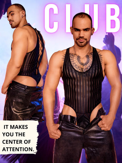 ChiaoLezhee Mesh Bodysuit For Men, Mens Thong Lingerie, Sheer Tank Top Man, Sissy Clothes Singlet Sexy Underwear Fishnet Gay, Black, Small
