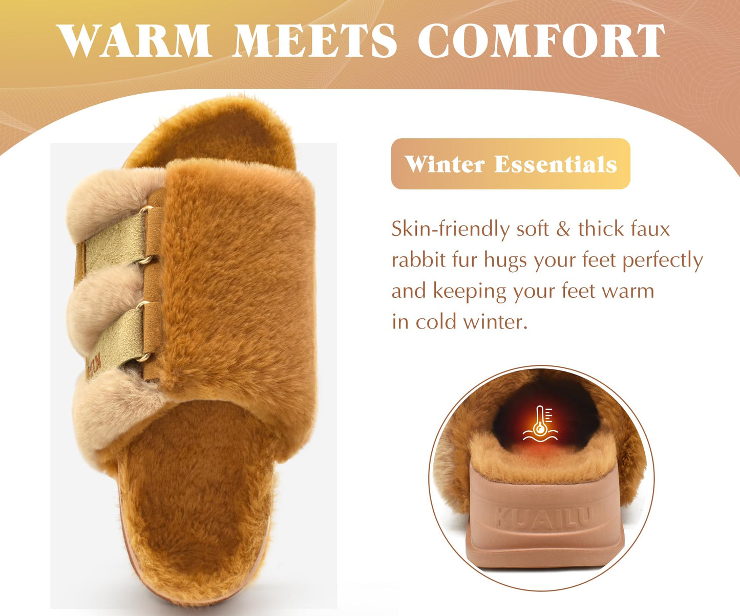 KuaiLu Womens Fuzzy Platform Open Toe Slipper with Arch Support Fluffy Furry Slides Orthotic Faux Fur Sandal Ajustable House Slippers Indoor Outdoor Camel Size 9