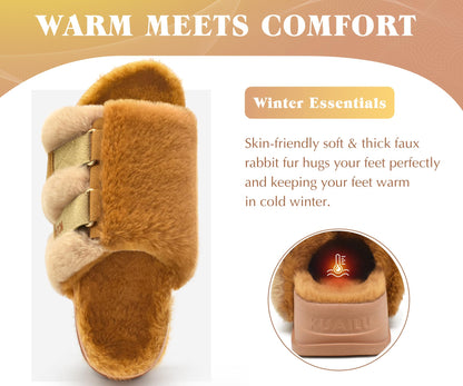 KuaiLu Womens Fuzzy Platform Open Toe Slipper with Arch Support Fluffy Furry Slides Orthotic Faux Fur Sandal Ajustable House Slippers Indoor Outdoor Camel Size 9