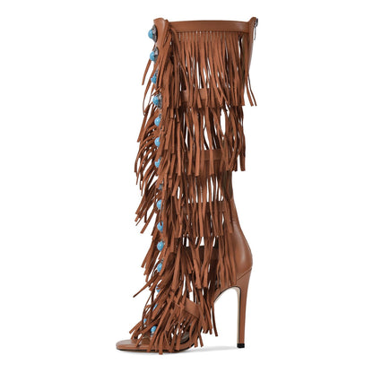 Richealnana Women's Fringe Studded Jewel Zipper Open Toe Knee High Sandals Stilettos Tassel Shoes For Party Prom Brown US 9