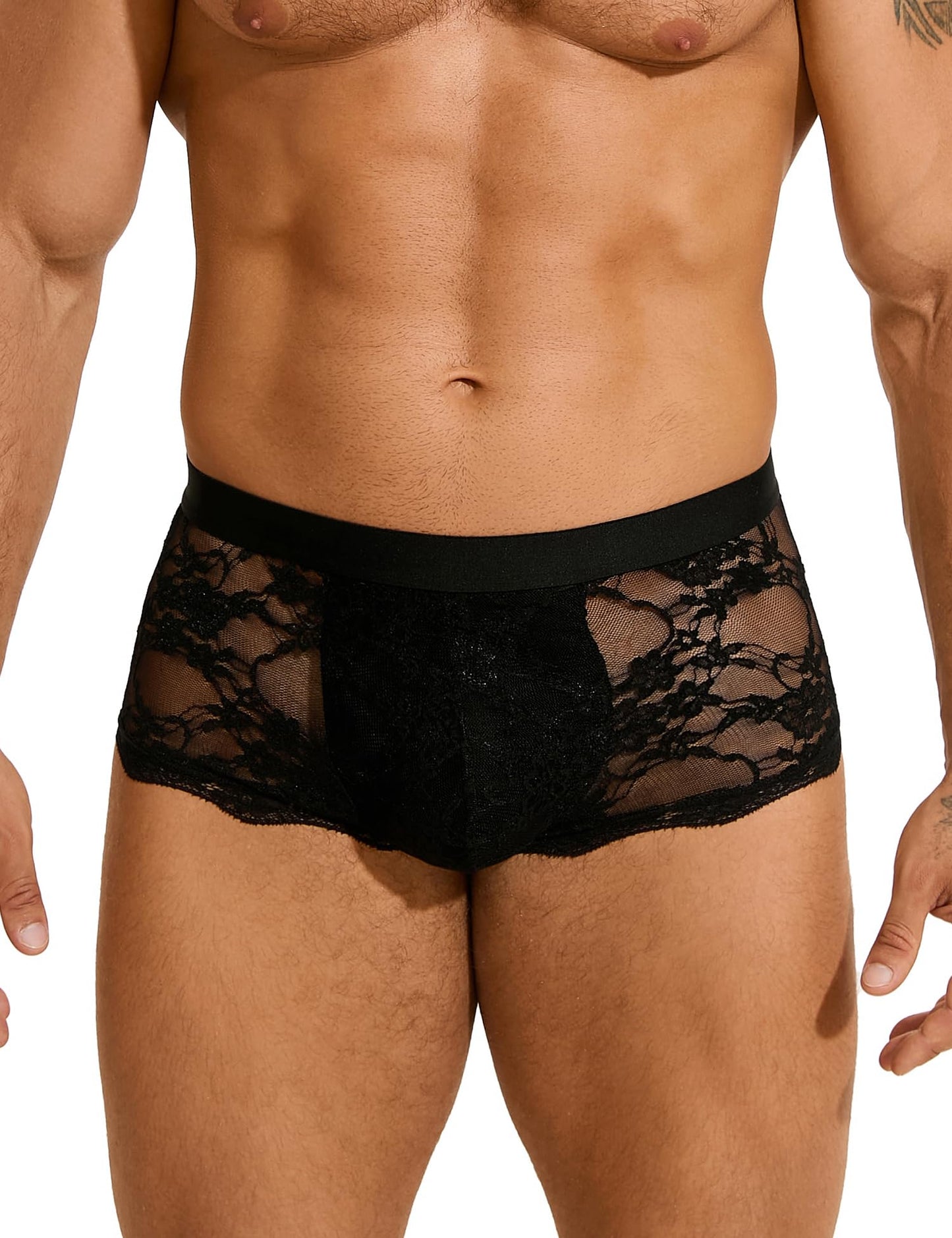 Mens Lace Underwear Low Rise Bulge Pouch Trunks Soft Boxer Briefs See Through Sexy Panties Lingerie for Men Cool Boxers Black S