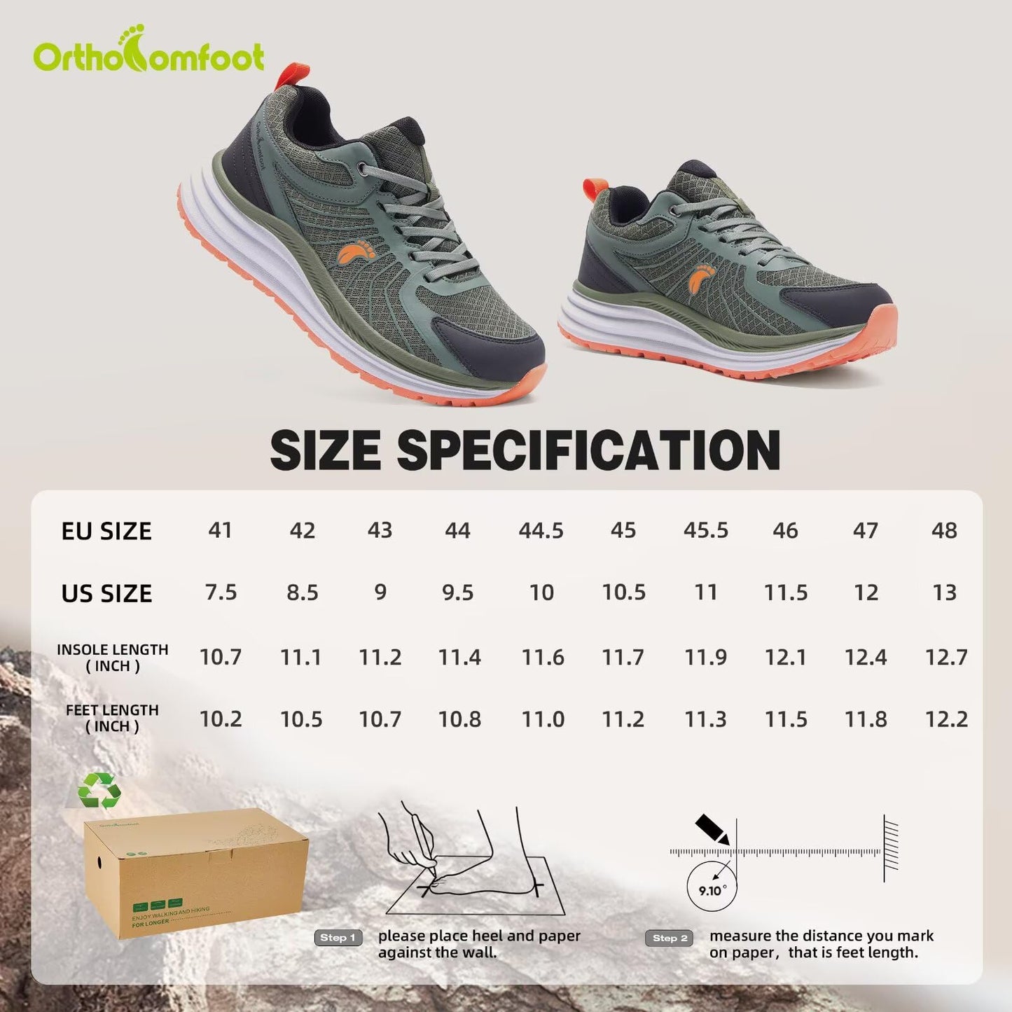 Men's Orthopedic Waterproof Comfortable Trail Sneakers: Plantar Fasciitis Arch Support Orthotic Neuropathy Foot Pain Relief Running Shoes, Fit Lightweight Workout Walking Shoes Army Green Size 11.5