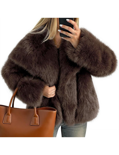 Women Faux Fur Coat Lapel Collar Shaggy Warm Short Fluffy Jacket