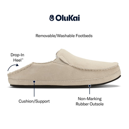 OLUKAI Nohea Slipper, Women's Slip-On Shoes, Genuine Shearling & Premium Nubuck Leather, Drop-in Heel Design, Cozy & Ultra-Soft Comfort Fit, Bone/Bone, 8