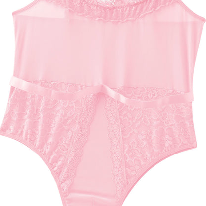 Men's Sissy Lingerie Bodysuit Sheer Lace Mesh Spaghetti Strap Cami Leotard Crossdress Underwear Pink Medium