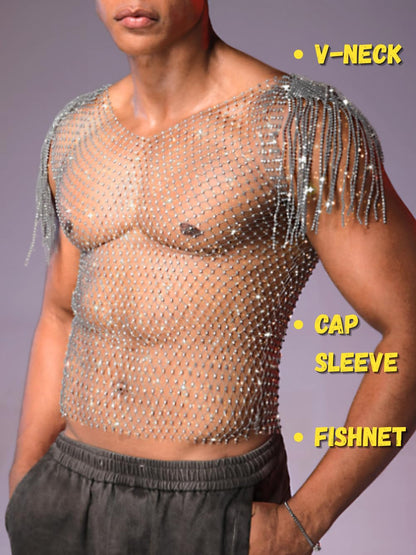 EHSUYAB Men Sexy Fringe Cap Sleeve Sparkly Rhinestone Mesh Top, See Through Fishnet Shirt Tank Tops, Concert Club Rave Outfit Silver One Size
