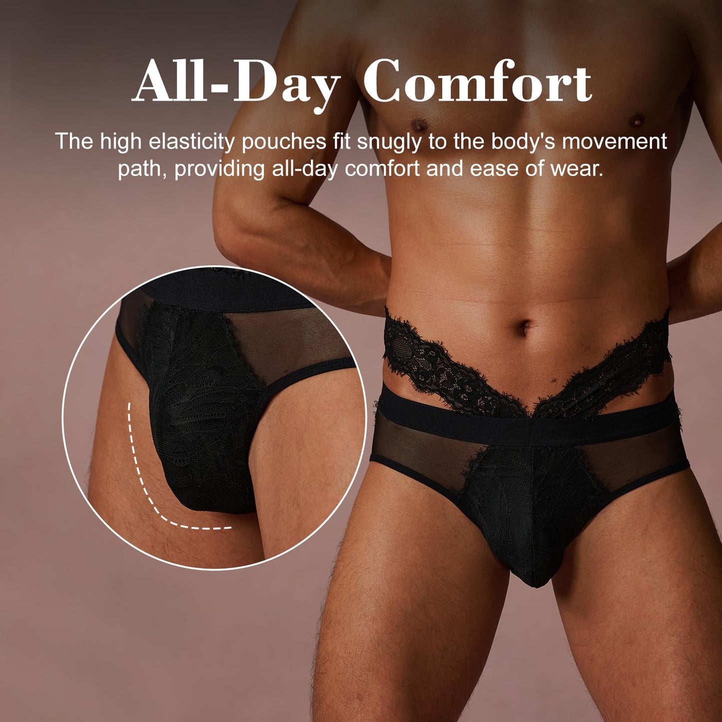 BSZN Black Men's Eyelash Lace Briefs, Double Waistband Back Cutout Underwear, Mid Rise Sheer Lace Patchwork Panties for Men