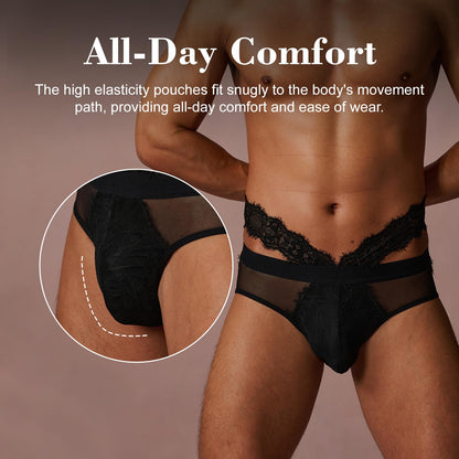 BSZN Black Men's Eyelash Lace Briefs, Double Waistband Back Cutout Underwear, Mid Rise Sheer Lace Patchwork Panties for Men