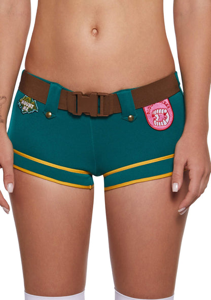 Dolls Kill Women’s Scout Girl Costume by Trickz N’ Treatz – Halloween Party Outfit with Lace-Up Top, Shorts, Belt & Beret Hat, Green, XX-Small