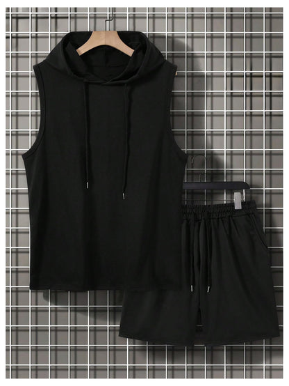 RoseSeek Men's 2 Piece Workout Tracksuit Sleeveless Hoodie Tank Top and Track Shorts Clothing Set Black Small