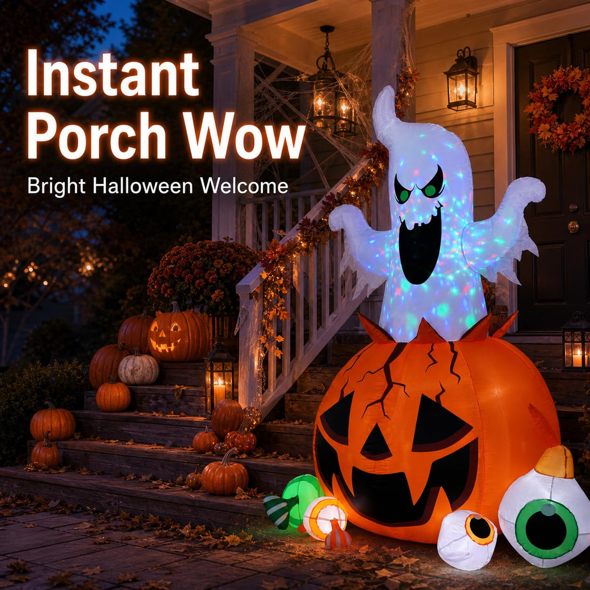 Halloween Inflatable Ghost Pumpkin with Colorful LED Lights Yard Decor