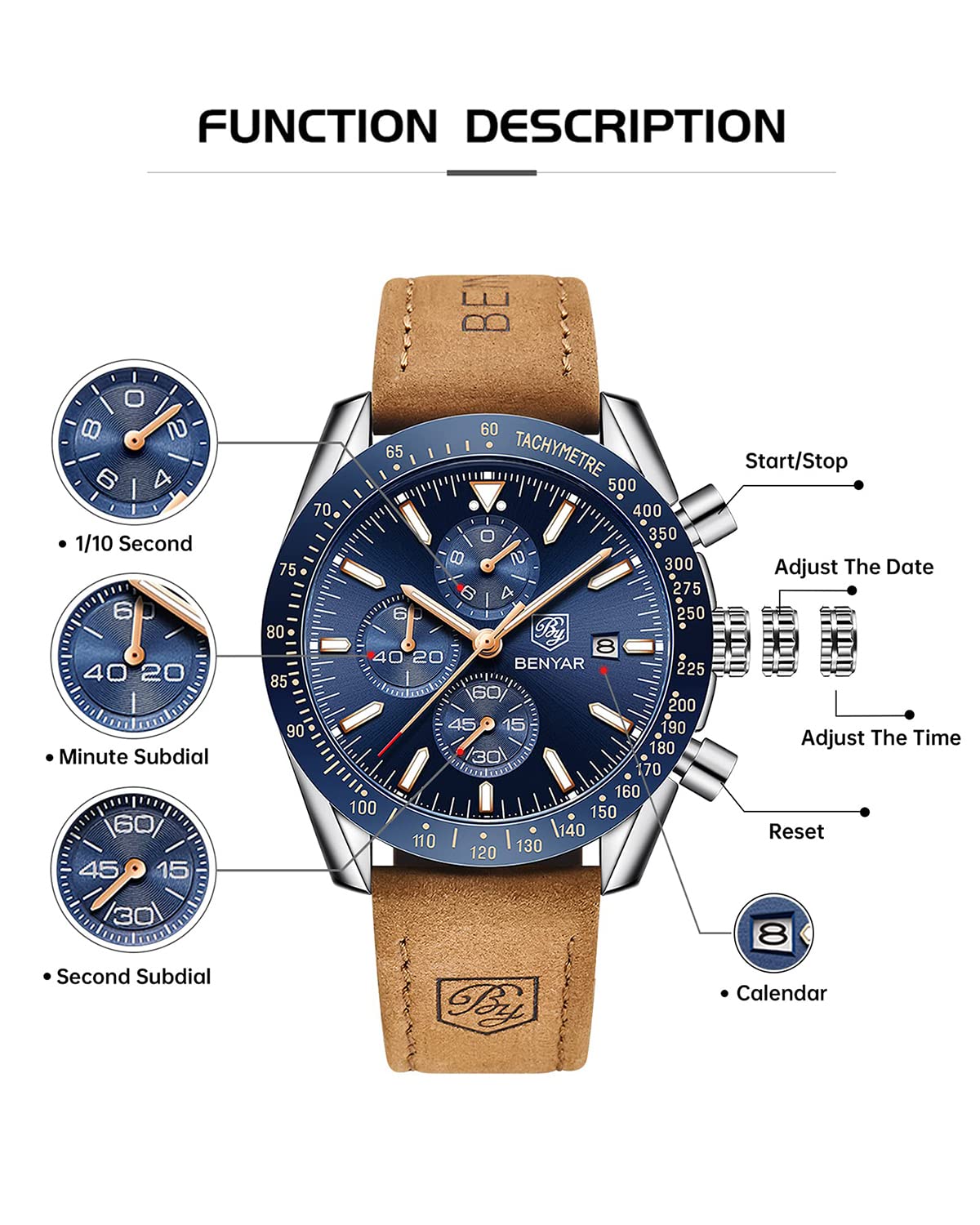 BY BENYAR Mens Watches Analog Quartz Chronograph Waterproof Luminous Watch for Men Business Work Sport Casual Brown Leather Band Dress Men's Wrist Watches Elegant Gifts for Men