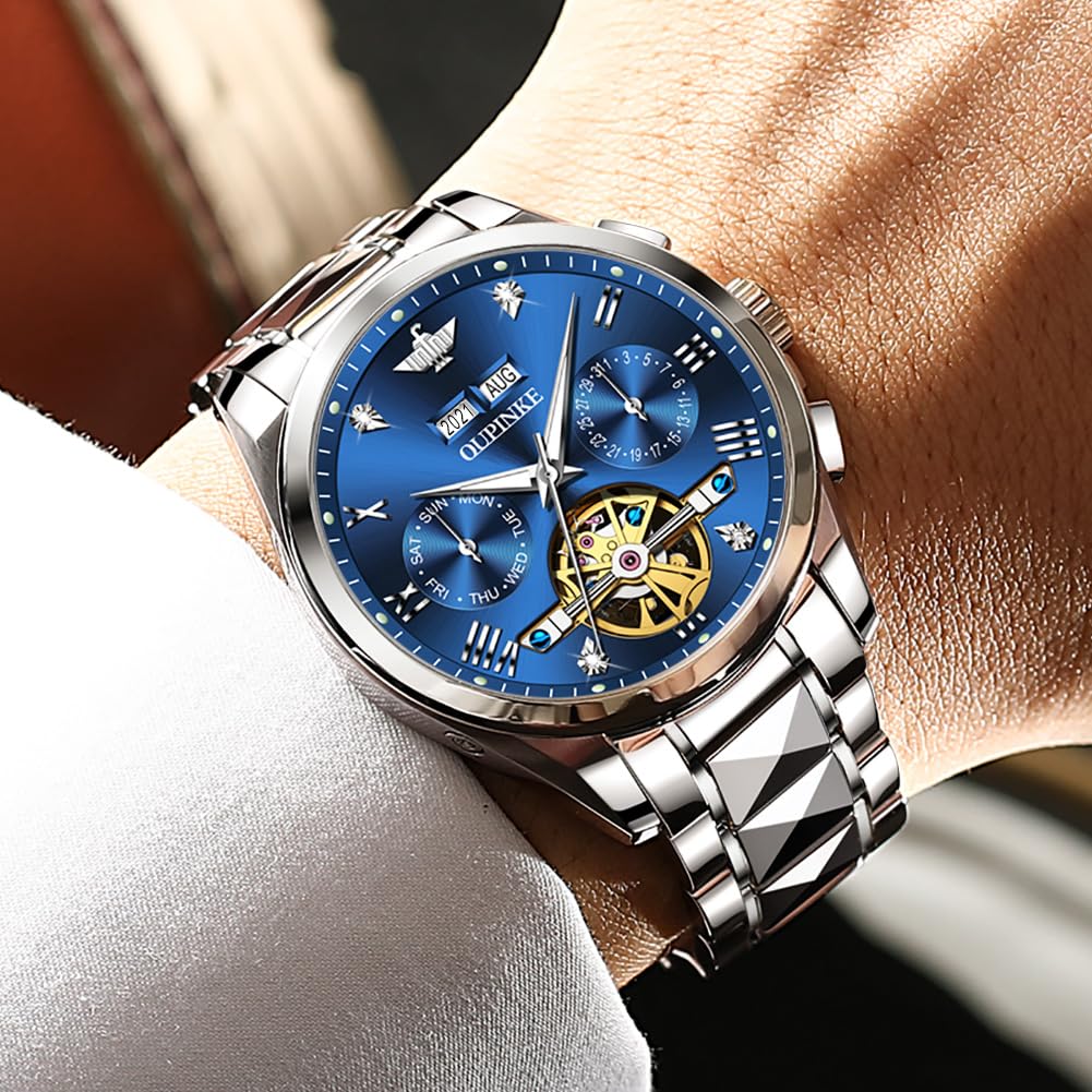 Men's Luxury Watch Automatic Mechanical Self Winding Sapphire Crystal Tungsten Stainless Steel Waterproof Two Tone Business Dress Watches (Blue)