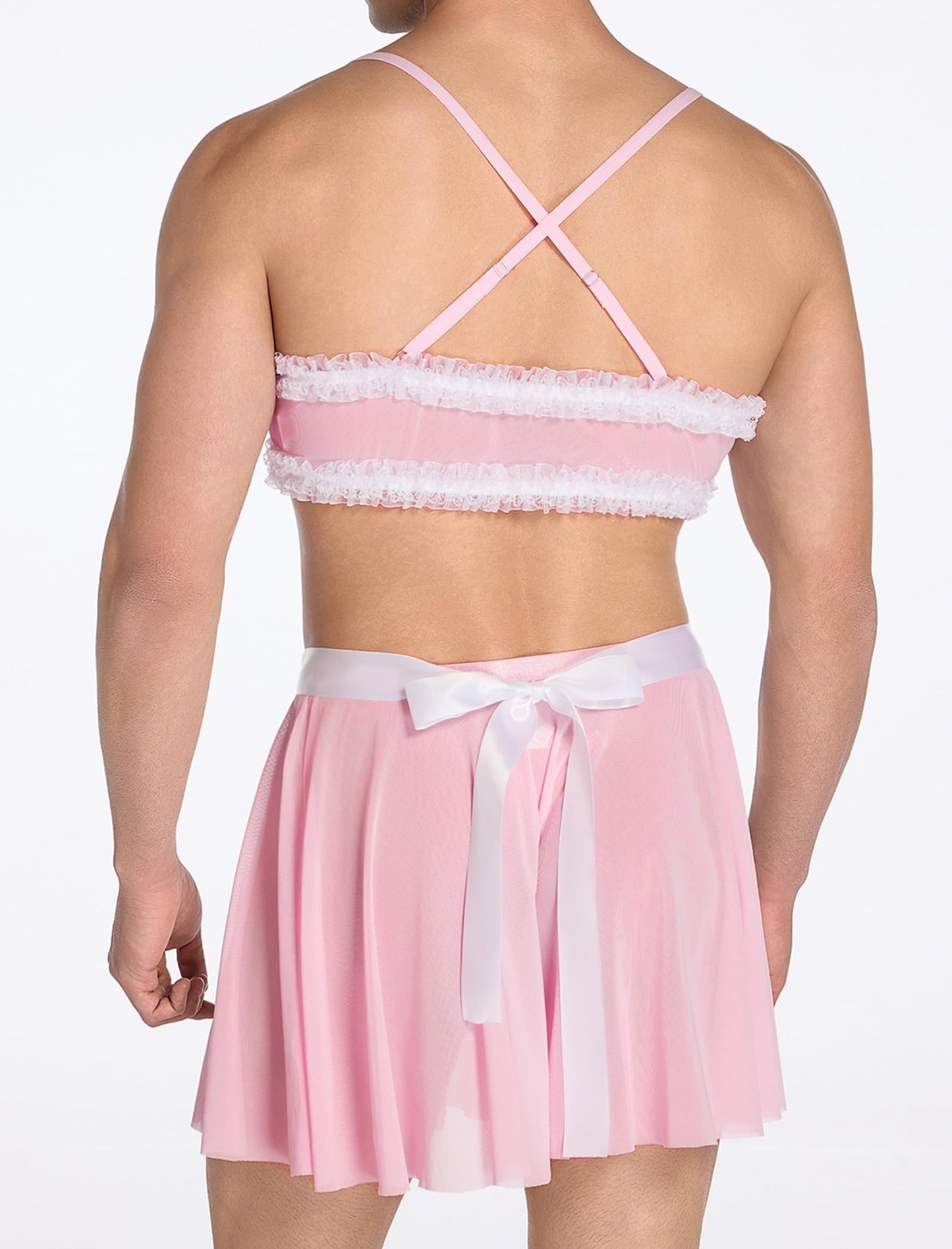 Men's Sissy Clothes Cross Back Mesh Sheer Bra Top Skirt Mini Apron Crossdressing Lingerie Outfits Pink Medium