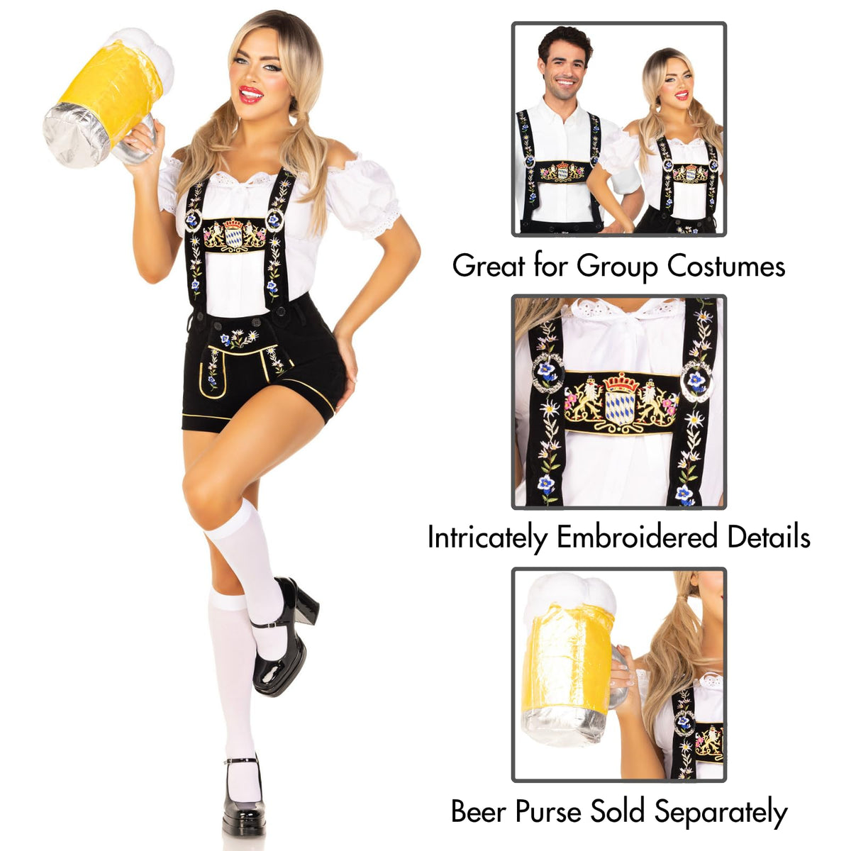Leg Avenue Women's 2 Piece Edelweiss Lederhosen Oktoberfest Adult Sized Costumes, White/Black, Medium US