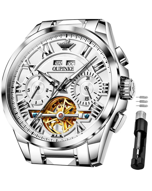 OUPINKE Watches for Men Automatic Skeleton Mechanical Luxury Cratch-Resistant Sapphire Mirror Tungsten Steel Strap Luminous Waterproof Calendar Wrist Watch Silver White