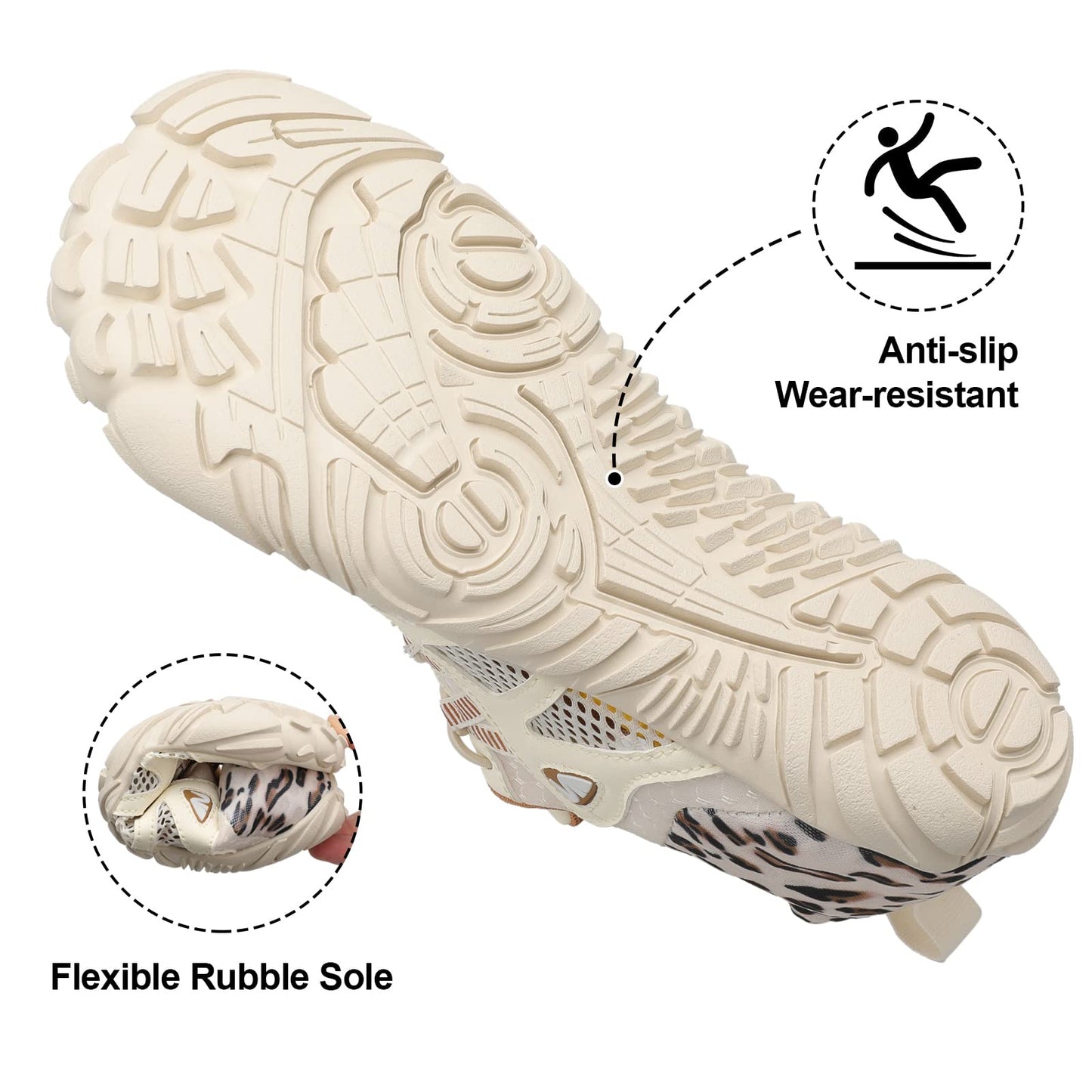 XIHALOOK Water Shoes Womens Quick Dry Sports Swim Aqua Shoes Barefoot for Diving Boating Beach Camping Beige Leopard, 6.5 Women/5 Men
