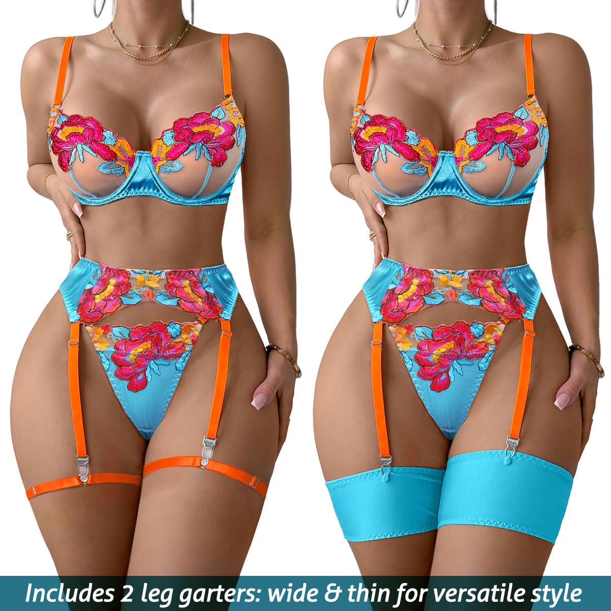 Sexy Lingerie Set 3 Piece Women Outfit Bra and Panty Flower Blue M