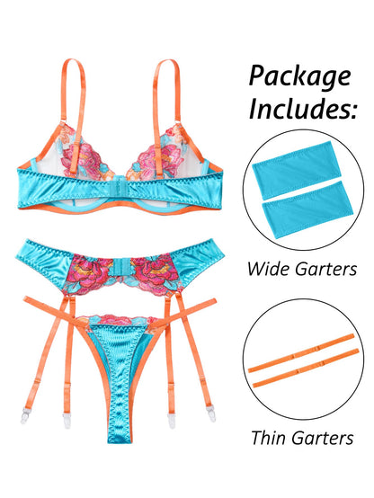 Sexy Lingerie Set 3 Piece Women Outfit Bra and Panty Flower Blue M