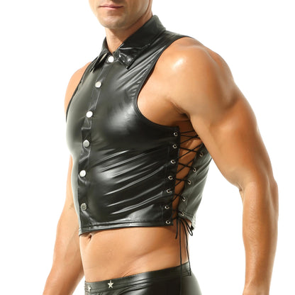 Mens Faux Leather Vest Sleeveless Tops Wet Look Undershirt Round Neck Shirt Clubwear