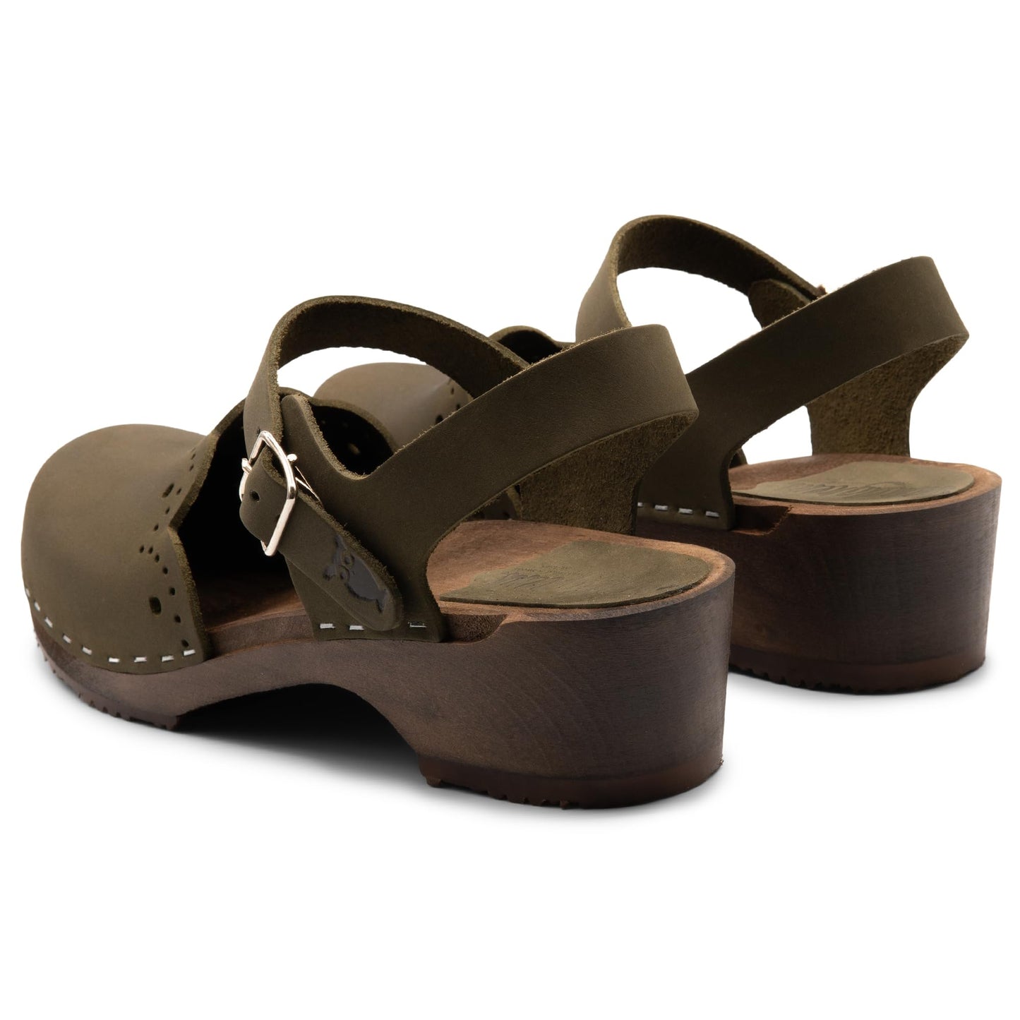 Sandgrens Handmade Swedish Wood Clogs for Women, Low Heel Sandal US 11-11.5 | Milan Olive Nubuck DK, EU 42