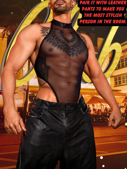 EHSUYAB Men Sexy Lingerie, Snap Crotch High Cut Fishnet Bodysuit, Sheer Mesh Sissy Clothes Gay Club, Party Dance Rave Outfits Black One Size