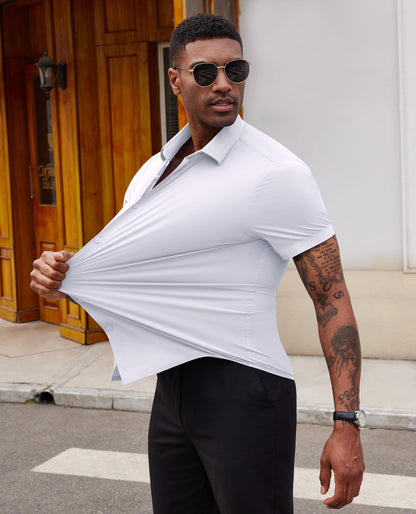 Lion Nardo Stretch Dress Shirts for Men Short Sleeve Slim Fit Casual Button Down Shirts Muscle Fit Men's Dress Shirts