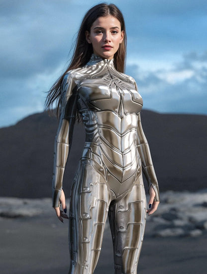 Silver Armor Print Bodysuit for Women Full Body Metallic Sci-Fi Jumpsuit Long Sleeve Stretch Cosplay Costume (HX116, XL)