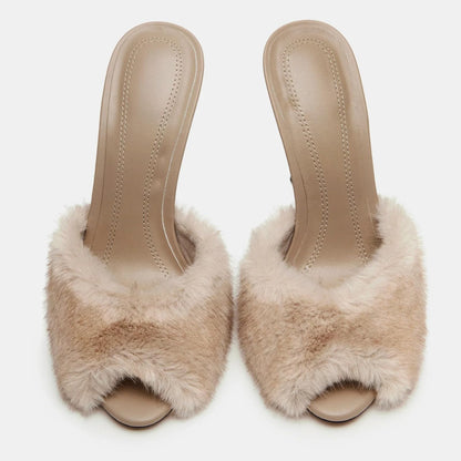Women's Faux Fur Heeled Sandals Furry Peep Toe Mules Slip on Stiletto High Heels Dress Sexy Slide Sandals