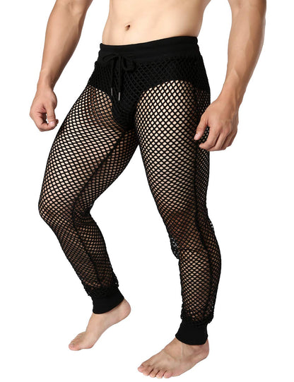 JOGAL Men's Mesh Fishnet See Through Pants Stretchy Muscle Leggings Large Black