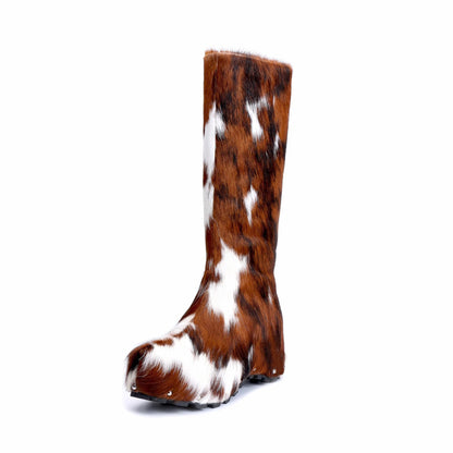 XOBZJH Women’s Wide Calf Cowgirl Boots – Handmade Knee-High Country Cowboy Winter Boots with Genuine Calf Hair, Shearling Lining & Platform Sole, Retro Western Style