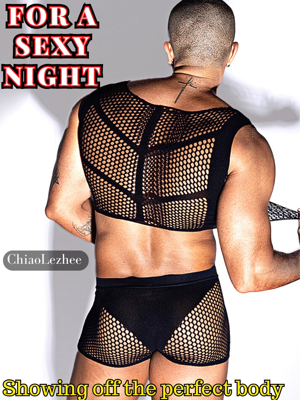 ChiaoLezhee Men's Tank Tops Mens Sexy Sheer Mesh Fishnet Crop Top Shirt Sissy Lingerie Man Underwear for Men Clothes Gay Black One Size