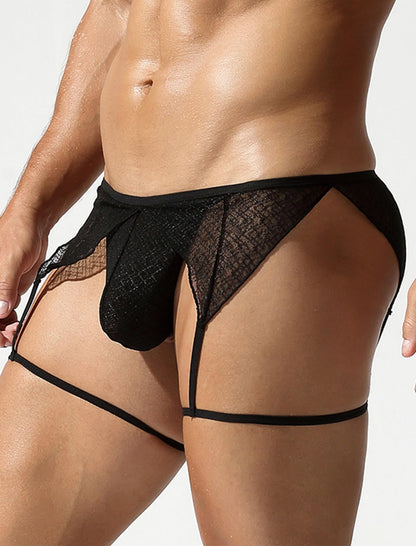 ABAFIP Men's Sissy Lingerie Sheer Mesh G-string Thong Lace Panties with Garter Band Crossdresser Underwear Black Medium