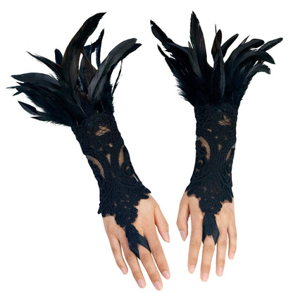 Women Black Lace Feather Gloves Witch Angel Costume Accessories Swan Wings Wrist Bands