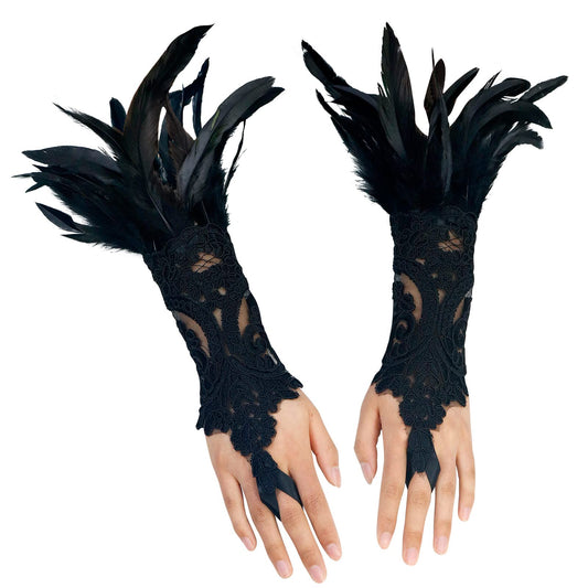 Women Black Lace Feather Gloves Witch Angel Costume Accessories Swan Wings Wrist Bands