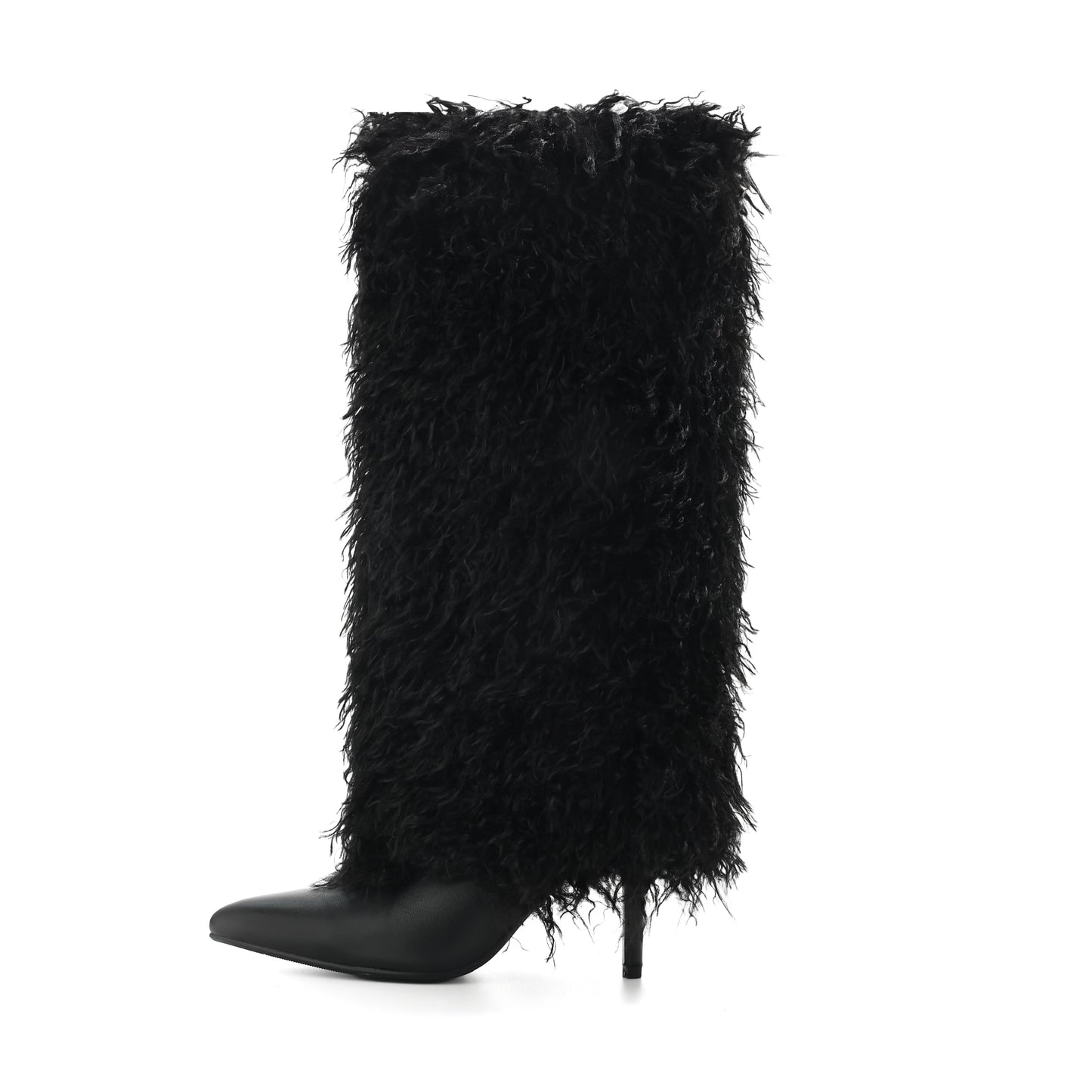 Fuzzy Knee High Fold Over Stiletto Heel Boots Black 10
