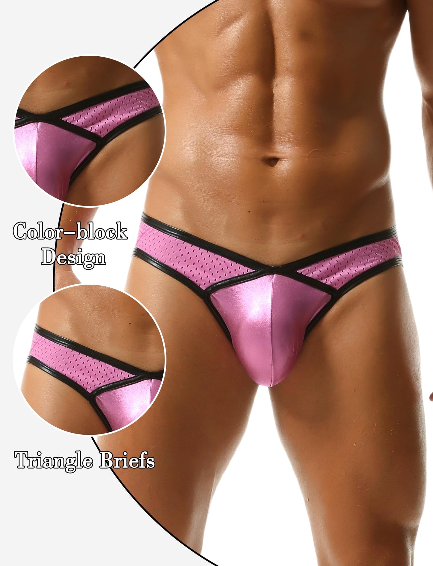 Men's Sexy Stretch Mesh Cheeky Underwear Breathable Hollow-out Briefs Low Waist Dance Trunks Loungewear Pink L
