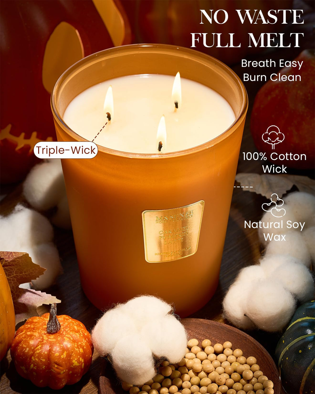 M&SENSE Caramel Pumpkin Latte Soy Candle, 35oz 3-Wick, Fall Festive Harvest