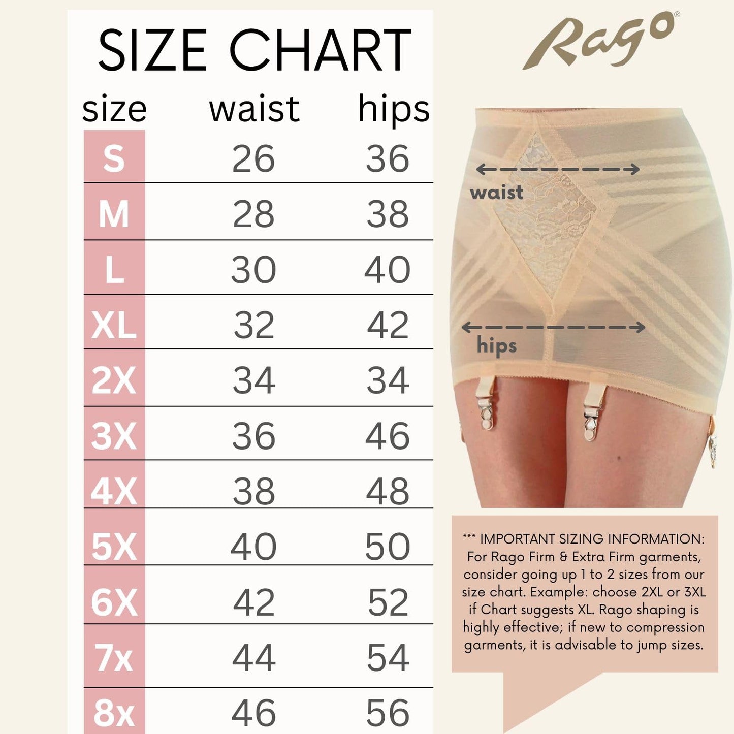 Rago Style 1359 | Open Bottom Girdle Firm Control | XS–8X | Made in USA | Waist, Hip & Tummy Shaper | Six Garters | Beige/S/26