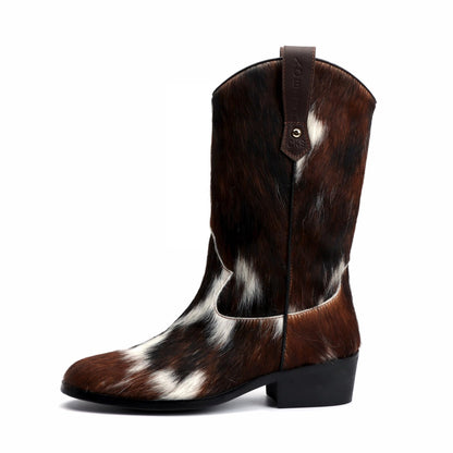 XOBZJH Women's Western Cowboy Boots – Genuine Tricolor Cowhide Leather Tall Cowgirl Boots, Mid-Calf Western Brown Boots for Women, Festival & Fall Fashion