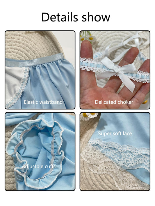 3-Pieces Maid Costume Outfit For Men, Men's Mini Skirt Sissy Outfit Crossdressing (Blue, One Size)