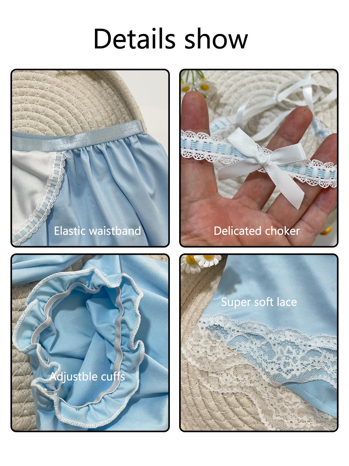 3-Pieces Maid Costume Outfit For Men, Men's Mini Skirt Sissy Outfit Crossdressing (Blue, One Size)