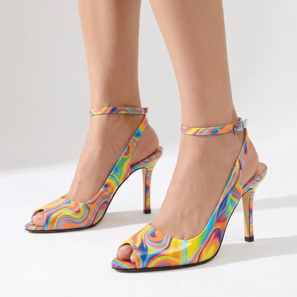 Women Multicolor Slingback Heels Stiletto Peep Toe High Heel Pumps Ankle Strap Patry Shoes 3.5 Inches US Size 10
